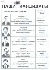 Наши кандидаты: Пономарев А.В., Пономарев О.Е., Савенко С.М., Сакович В.В., Шубин А.И., Васильева В.П., Гоциридзе Г.Ш., Киселев А.С., Куркина Г.С., Петров В.В.