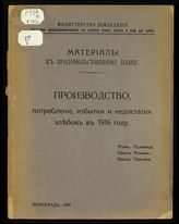 Производство, потребление, избытки и недостатки хлебов в 1916 году : рожь, пшеница, овес, ячмень, просо, гречиха. - Пг., 1917. - (Материалы к продовольственному плану).